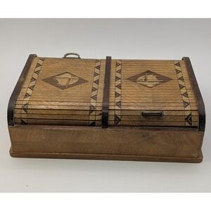 Vintage Japanese Roll Top Box Cigarette Trinket Sailboat Wooden